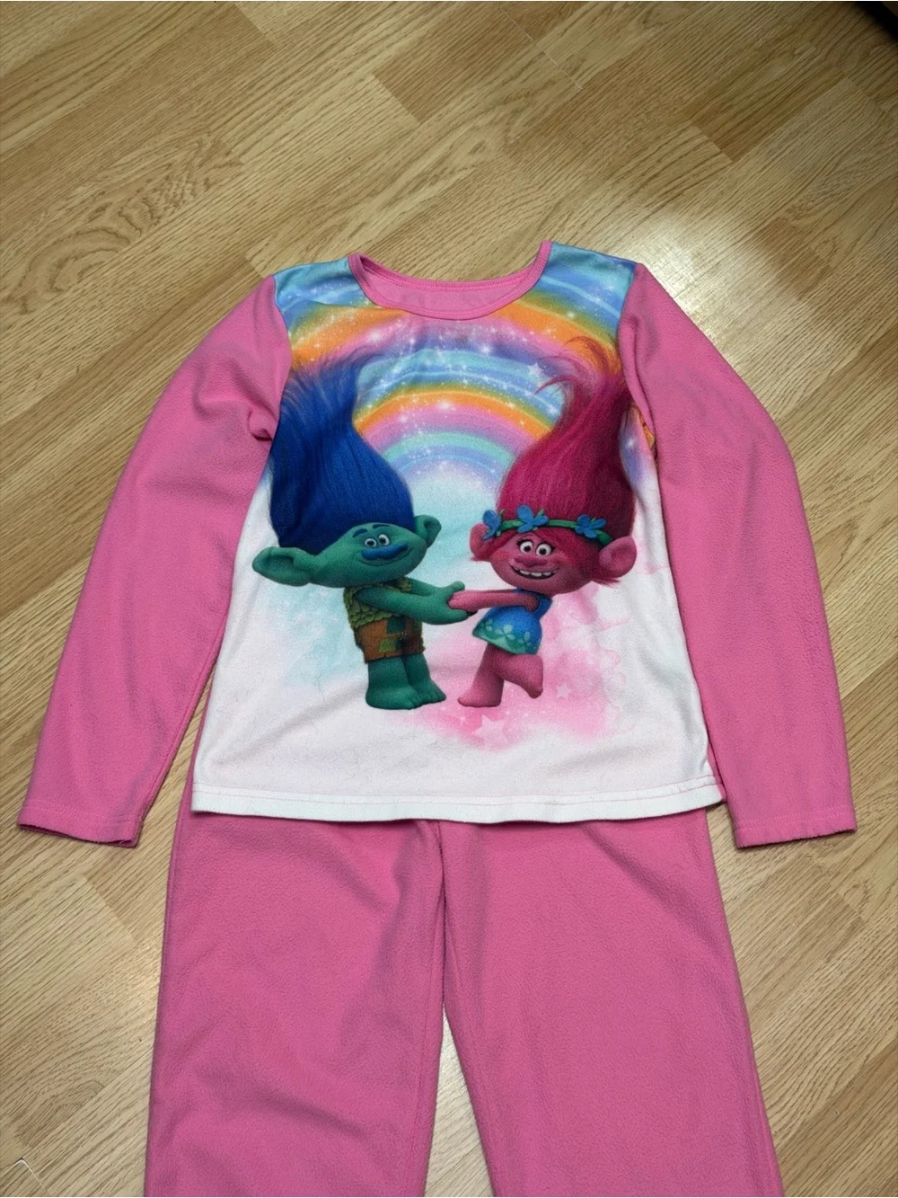 DreamWorks Trolls Girls 7/8 Pink Fleece Pajama Set Poppy Branch Rainbow 2pc